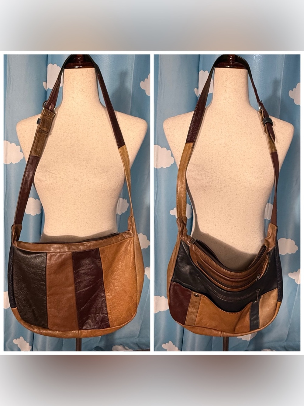 Vintage patchwork leather crossbody bag. 70s 80s multicolored M/L purse.